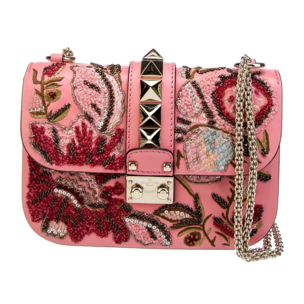 VALENTINO Leather Embroidered Shoulder Bag with Gold Studs NWT